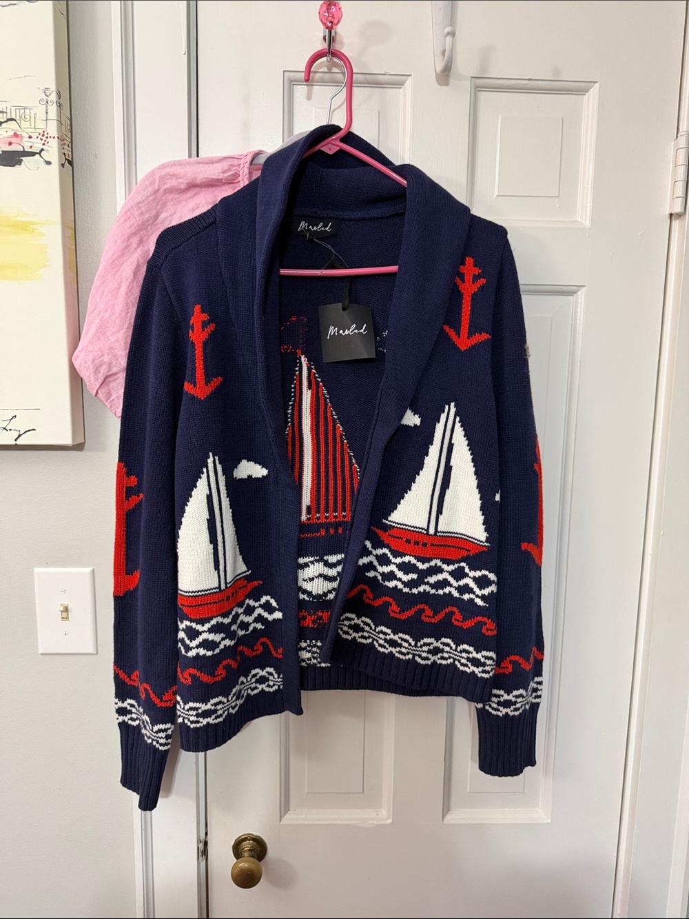 Marled navy blue with sailboat design cardigan